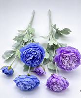 Bunga Sutra Premium Peony & Ranunculus 3 Tangkai Bunga Palsu Realistis untuk Dekorasi Pernikahan & Rumah Grosir