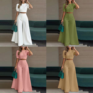Ensembles de pantalons d'été tendance 2 pièces pour femmes, tenues assorties, chemisier élégant à manches courtes, pantalon large pour le travail, costume <span class=keywords><strong>OL</strong></span> - Product Image 2