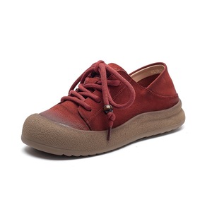 Chaussures plates en cuir véritable pour femmes, style rétro, couleur délavée, bout rond, décontractées, polyvalentes, pour étudiantes, baskets quotidiennes - Product Image 5