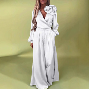 ชุดเซ็ต 2 ชิ้น เสื้อแขนยาวคอวีผ้าซาตินลายดอกไม้สุดหรูสำหรับผู้หญิง กางเกงขายาวทรงกว้าง แฟชั่น - Product Image 2