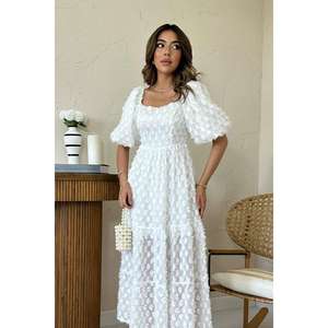 ชุดเดรสชีฟองสีขาวทรงเอ คอเหลี่ยม แขนทรงบอลลูน แต่งระบาย เอวเข้ารูป ระบายอากาศได้ดี เหมาะสำหรับงานกลางคืน - Product Image 3