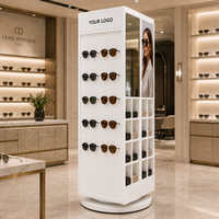 Support de présentation de lunettes de soleil en acrylique blanc personnalisé, rotatif à 360°, sur pied, avec miroir de rangement et logo