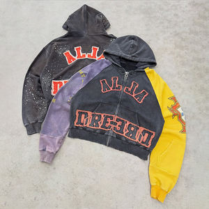 <strong>Custom</strong> Patch Embroidered <strong>logo</strong> <strong>Graphic</strong> Pickled Vintage Distressed Color Stitching Screen Print <strong>Graphic</strong> Rhinestone Zipper Hooded - Product Image 1