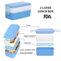 Boîte à lunch bento pour enfants à double couche sans BPA, empilable, 3 compartiments, avec couvercle en plastique, vente en gros