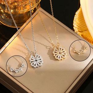 <span class=keywords><strong>Collana</strong></span> con Ciondolo a Forma di Cuore Magnetico Pieghevole con Zirconi e <span class=keywords><strong>Quadrifoglio</strong></span> in Acciaio Inossidabile, Gioielli alla Moda - Product Image 2
