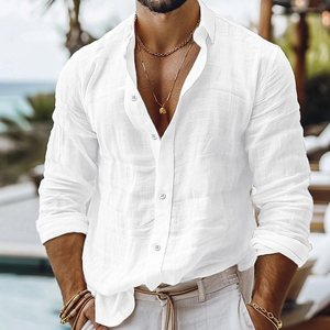 Nuovo elegante tessuto <span class=keywords><strong>di</strong></span> <span class=keywords><strong>lino</strong></span> e cotone a maniche lunghe con colletto ribassato tinta unita ODM & OEM Chemise Homme En Lin Et Coton Man Shirt - Product Image 2