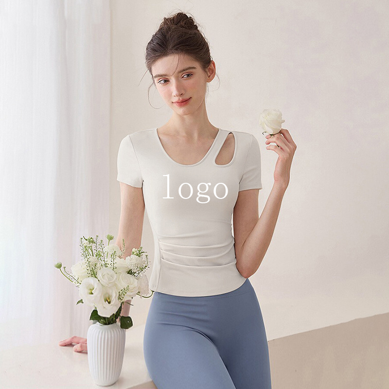 OEM/ODM Custom Women's Yoga Wear T Shirt Hollow Shoulder Fitness Top Lightweight Breathable Waterproof Clothes
