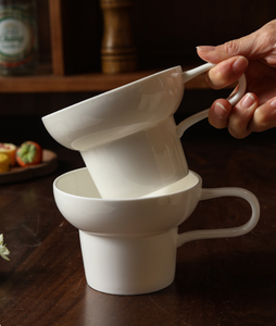 Ensemble de tasses à café en céramique blanche empilables, tasse à cappuccino minimaliste empilable avec poignée, vaisselle pour hôtel, café, restaurant, vente en gros - Product Image 5