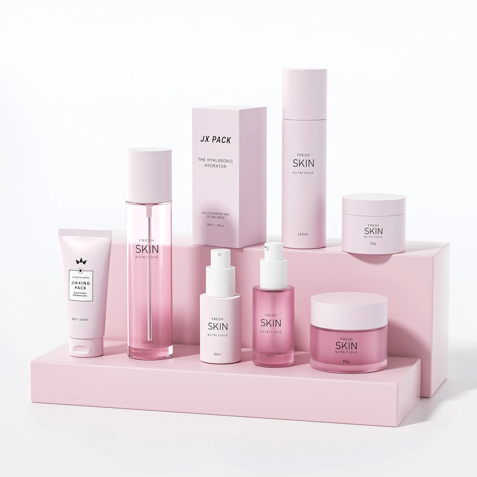 Set di contenitori per imballaggio cosmetico rosa opaco con logo privato personalizzato bottiglia di vetro per la cura della pelle di lusso
