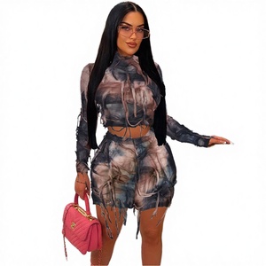 ชุดเซ็ตเสื้อแขนยาวคอวีลายเรขาคณิตสไตล์ยุโรปอเมริกันแฟชั่นฤดูร้อนสุดเซ็กซี่โชว์เอวพร้อมกางเกงขายาวประดับพู่ - Product Image 3