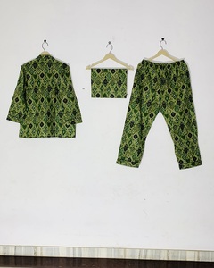 Conjunto de Pijama de Algodón Estampado a Mano para Mujer, Diseño Geométrico, Largo hasta la Rodilla, Cintura Elástica, Ropa de Dormir Informal para Verano - Product Image 2