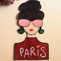 Patch à paillettes pour femme, style mode parisienne, motif chignon et lunettes de soleil roses, pour veste et sac à dos de fille, streetwear chic à la française