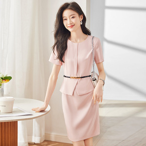 Women's Suit Dress Apricot Solid Color O-Neck Peplum Waist Cinching Professional Career Dress Short Sleeve - Product Image 2