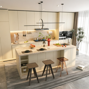 Meubles de cuisine haut de gamme BALOM sur mesure, <span class=keywords><strong>style</strong></span> <span class=keywords><strong>industriel</strong></span> moderne en noyer, avec îlot et éclairage LED intelligent - Product Image 3