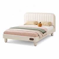 Cama Infantil de Madera de Roble Macizo de Primera Calidad, Pintura Ecológica a Base de Agua, Cuero Blanco a Rayas, Muebles Modernos y Elegantes para Niños y Niñas