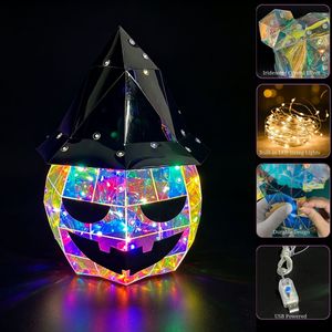 Lanterne citrouille d'Halloween irisée, décor LED Jack-o'-lantern, chapeau de sorcier citrouille holographique prismatique pour accessoire de fête en extérieur - Product Image 4