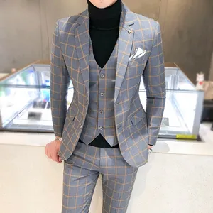 Men's Suits 3 Pieces Set Dress Blazers Pants Vest Set Male Wedding 2024 Fall Business Formal Plaid Suit Luxury Slim Fit Coat
