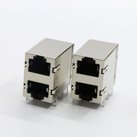 JISJACK Conector Modular Hembra RJ45 de 2-1 Puertos para PCB, 90 Grados, 8 Puertos, Blindado, 125V CA 1.5A, Chapado en Oro, Carcasa de ABS/PBT con Orificio