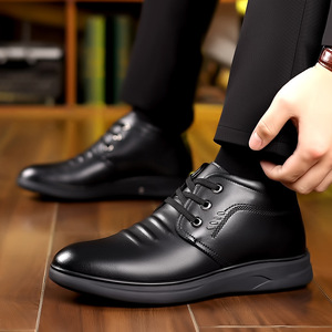 Men's Winter Leather Snow Boots Black Fleece Lined Warm High Top Lace Up For Middle Aged And Elderly - Product Image 2