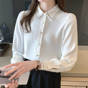 Pakaian Wanita Blus Polos Kerah Lipat Longgar Elegan Mode Kantor Musim Semi Musim Panas Tipis Kasual Korea 8310 # - Product Image 1