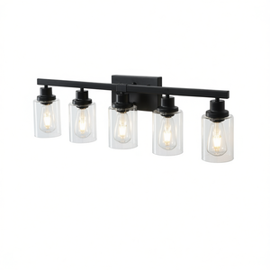 Lampada da Specchio Moderna a 5 Luci in Ferro Nero con Paralumi in Vetro Trasparente da 31 Pollici, Montaggio a Parete per Bagno, Luce Bianca Calda - Product Image 1