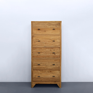 Commode en teck ancien avec 5 tiroirs faits à la main et pieds effilés, commode en bois récupéré à texture vieillie pour chambre à coucher - Product Image 1