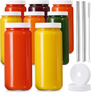 16 OZ Glass Juicing Bottles w Airtight Lids & 2 Straws & 2 Lids w Hole Reusable Drinking Jars Travel Water Cups Tall Mason Jar