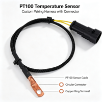 Capteur de température PT100 avec câble tressé noir, connecteur circulaire, borne annulaire en cuivre, fabrication OEM personnalisée, vente en gros