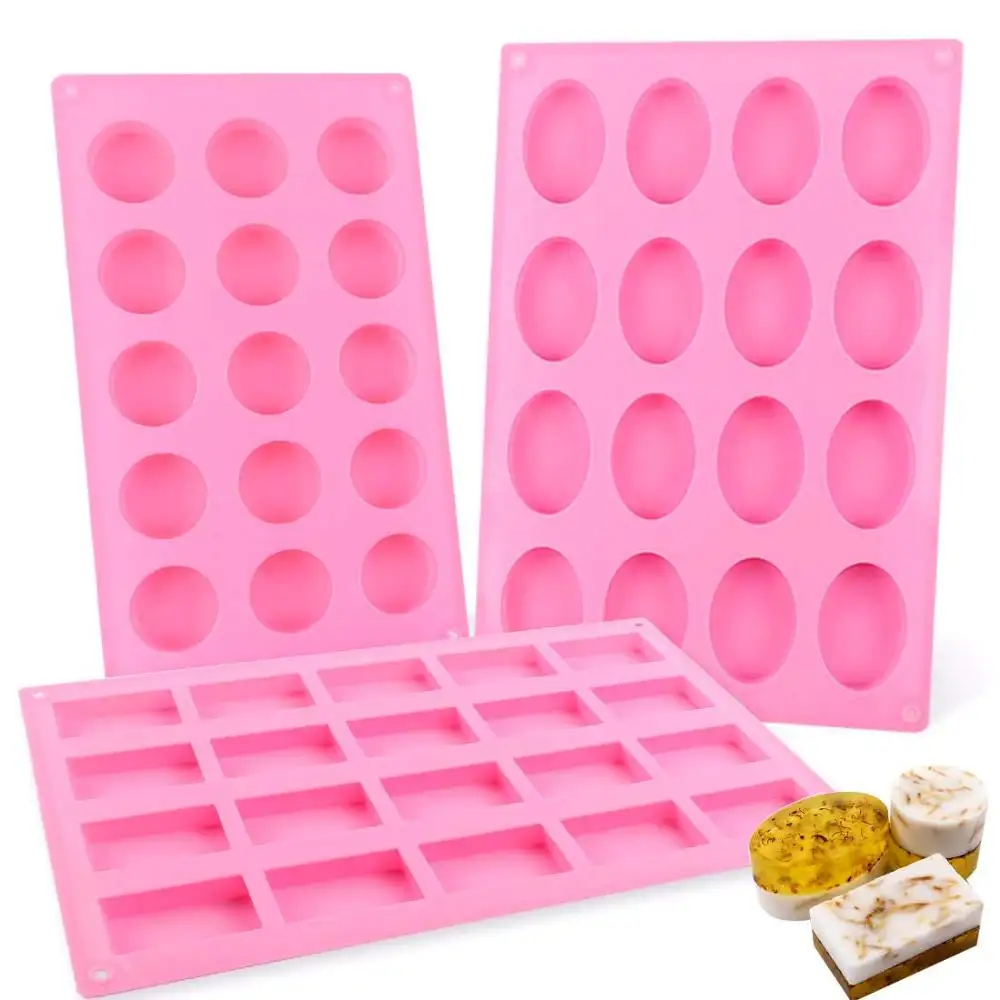 Moldes de silicona para jabón 100% sin BPA, moldes redondos rectangulares ovalados para jabón hecho a mano, pastel de Chocolate dulce con bolsas selladas, color rosa