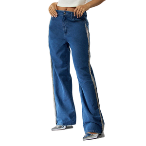 Jean bleu <span class=keywords><strong>royal</strong></span> taille haute droit jambe large pour femme avec détails de gland en strass pantalon en jean de mode personnalisé - Product Image 3