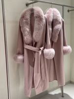 Manteau chic pour femme avec col en fourrure de renard, long, ceinturé, avec poignets en fourrure de renard, chaud, en laine double face pour l'hiver