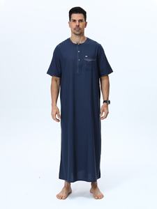 <b>Men's</b> Navy Blue Cotton <b>Thobe</b> Short Sleeve Floor Length Loose Fit Casual Daily Wear All Seasons Breathable Modest Style - Product Image 1