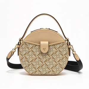 Bolso bandolera redondo para mujer, bolso vintage de tela jacquard con empalmes de piel sintética, con asa superior y correa desmontable - Product Image 5
