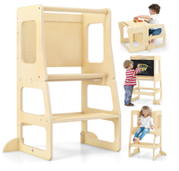 Tabouret de cuisine pliable 4-en-1, tour d'apprentissage Montessori, marchepied, table et chaise avec tableau noir