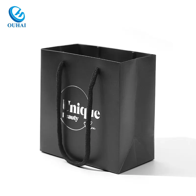 손잡이와 활이 달린 맞춤형 재활용 블랙 럭셔리 쇼핑 선물 종이 가방, 나만의 로고가있는 고급 선물 가방