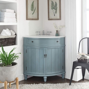 סלון גלריה סלון קומה 24in כחול פינה צורה עץ מלא + mdf חדר אמבטיה מסורתי ארון קרמיקה לבן הבלים העליון - Product Image 1