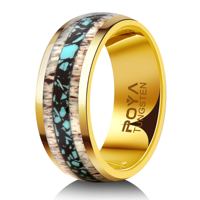 Bague en carbure de tungstène poli or 8 mm avec incrustation de pierre de turquoise et de bois de cerf naturel broyé, bijou de mariage et de fiançailles pour homme