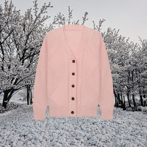 Novidades em Moda: Cardigã Feminino Elegante Coreano Clássico com Textura, Botões e Decote em V Rosa, Casual para o Dia a Dia - Product Image 3