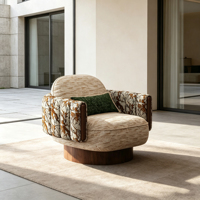 Fauteuil pivotant rétro à imprimé floral, fauteuil rembourré en tissu mélangé, base rotative en bois, fauteuil lounge pour salon de villa