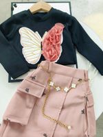 Ensemble deux pièces pour filles, style coréen, chemise à manches longues à fleurs + jupe plissée en PU, vêtements pour enfants anti-rides, mode automne