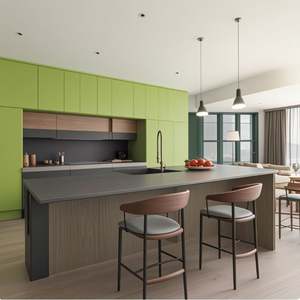 Mueble de Cocina con Diseño Contemporáneo en Forma de Línea, Color Verde Oliva, Panel de Laca, con Isla - Product Image 3