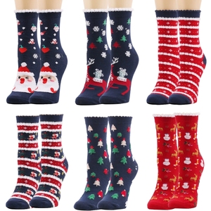 Chaussettes de Noël pour femmes, mi-mollet, en polaire duveteuse, doublées de fourrure, chaudes, pour l'hiver, avec motifs de Père Noël, rennes et flocons de neige - Product Image 1