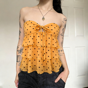 Vacation Style Short Chiffon Polka Dot Print Sexy Backless <b>Tie</b> with Ribbons Padded Women's Bandeau Top - Product Image 5