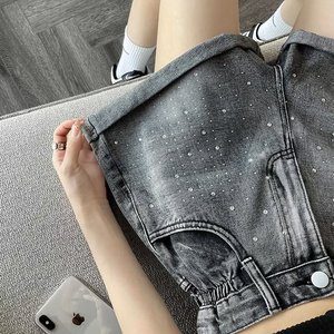 Shorts en jean délavé <span class=keywords><strong>taille</strong></span> haute coupe ajustée avec strass, style A-line, pour <span class=keywords><strong>femme</strong></span>, tendance streetwear été 2026 - Product Image 4