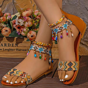 Sandalias Romanas Étnicas Bohemias Nuevas para Mujer, Hechas a Mano con Cuentas, Cierre de Cremallera Trasera, Suela Plana Cómoda, Ligeras, Casuales de Verano para la Playa - Product Image 5