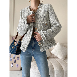 2023 New Fashion <strong>Grey</strong> Melange Tweed <strong>Blazer</strong> Top for <strong>Women</strong> Elegan Young Ladies' Breathable Jackets - Product Image 1