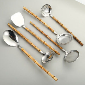 Cross-border Japanese <b>kitchenware</b> 304 stainless steel spatula set with natural bamboo handles, spoon, strainer, oil strainer - Product Image 3