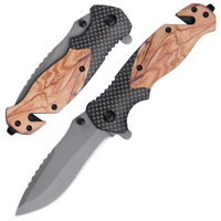 Couteau utilitaire pliant multifonctionnel avec manche en bois d'olivier, coupe-corde et brise-vitre pour le camping et la survie