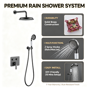 Système de douche encastré mural de luxe en laiton massif brossé doré, haute pression, avec douchette pluie intégrée, 2 modes de jet - Product Image 4