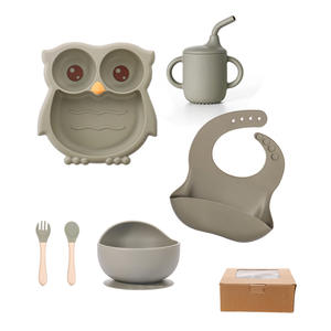 BPA-Free Custom Printed Cartoon Animal Silicone Baby Feeding Set Kids Dining Tableware with Suction Bowl and Divided <strong>Owl</strong> <strong>Plate</strong> - Product Image 5